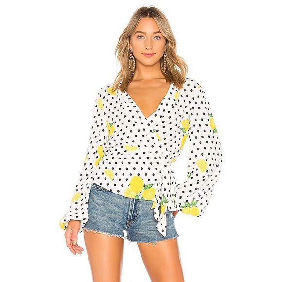 Lovers + Friends Tops - Lovers + Friends Mikayla Lemon Polka Dot Balloon Sleeve Wrap Blouse Size Small